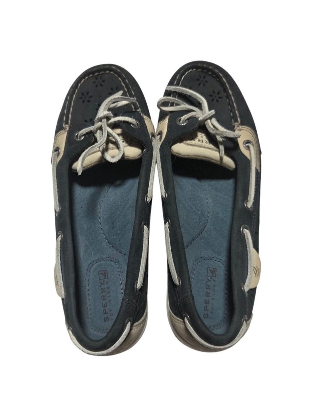 Sperry Top Sider Perforated Boat Shoes Size 7 Navy Cream Leather Floral Cutout